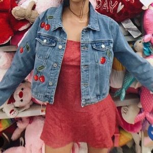 Adorable Cherry Embroidered Denim Jacket